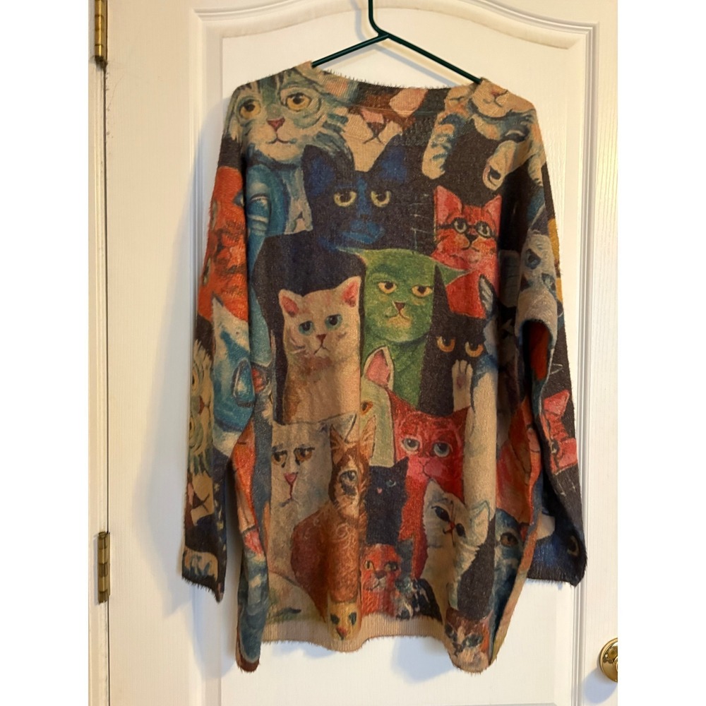 Unbranded Cat Print Sweater Women XL Wool Blend Oversized